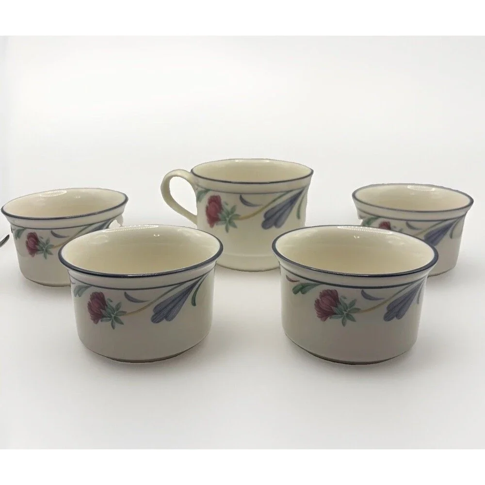 Lenox Poppies On Blue Ramekins Set Of 4 & 8oz Tea Coffee Cup USA Stoneware